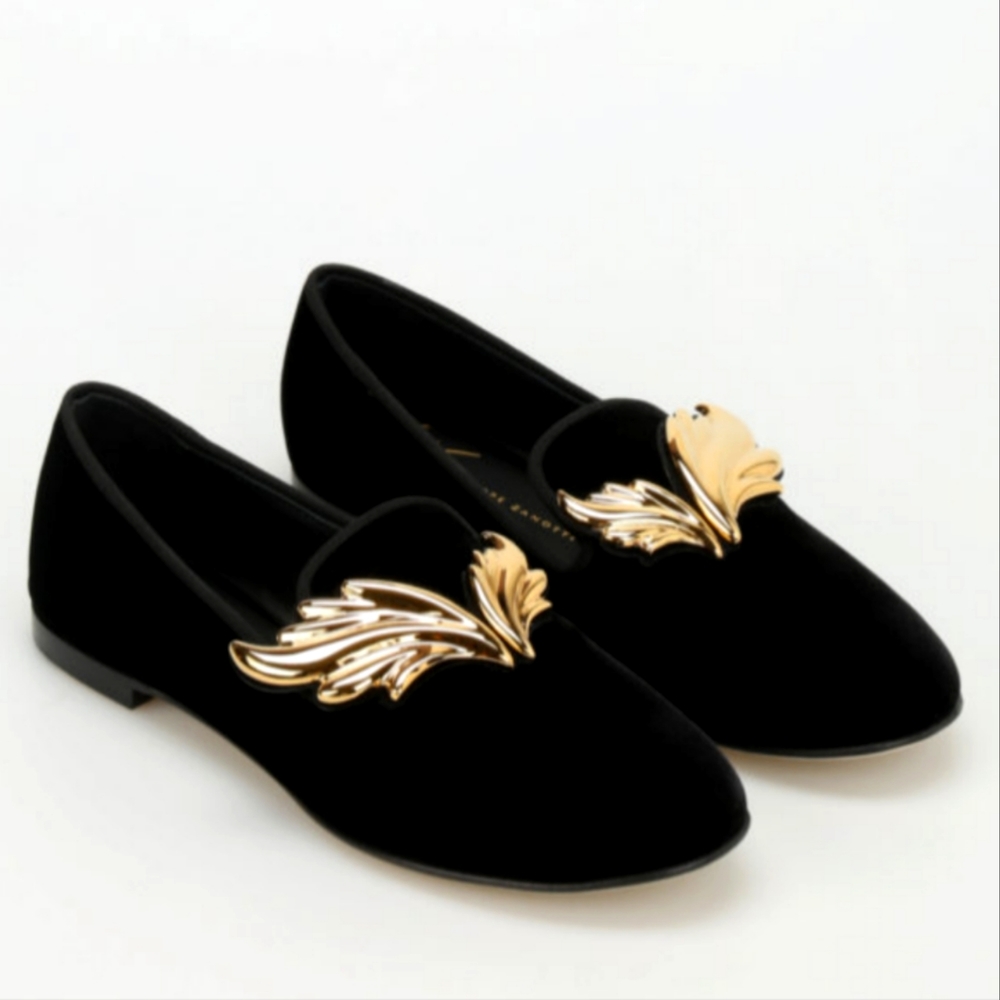 Giuseppe Zanotti Dalila Gold Winged Velvet Tuxedo Loafer, NWT